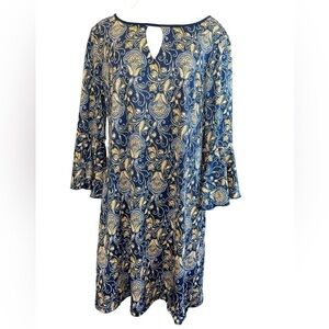 Perseption Concept Women's Dress Size L Blue Gold Knee Length Bell Sleeves